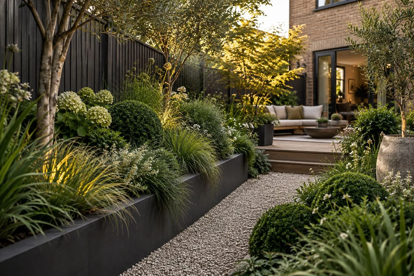 Ontwerpvisualisatie met groene borders en een tuinpad